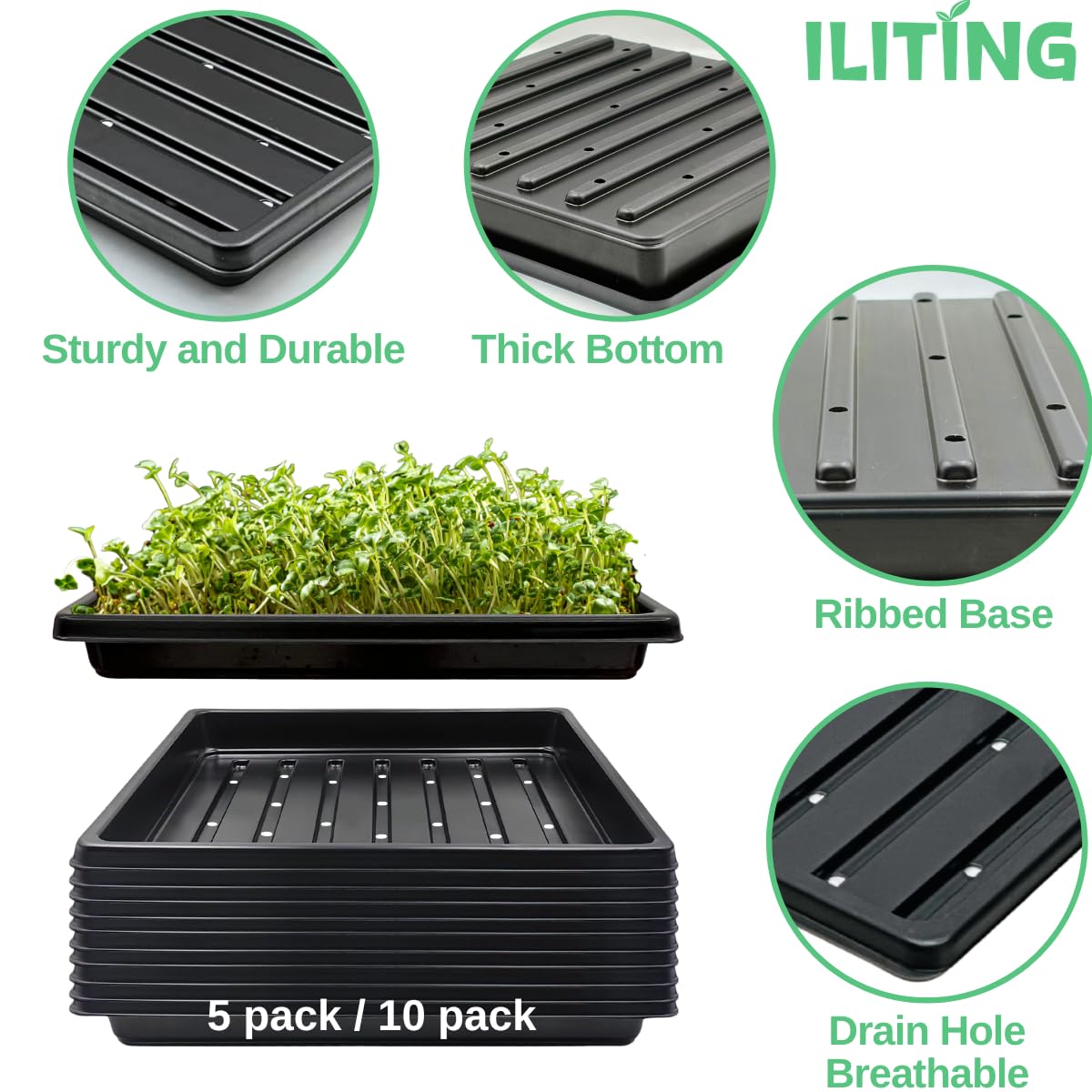 ILITING Plant Growing Trays for Seedlings Microgreen Seed Starter Shallow Plants Tray Standard 1010 Tray with Drain Holes 10 Pack Black 10.7 x 10.7 inches Square Trays