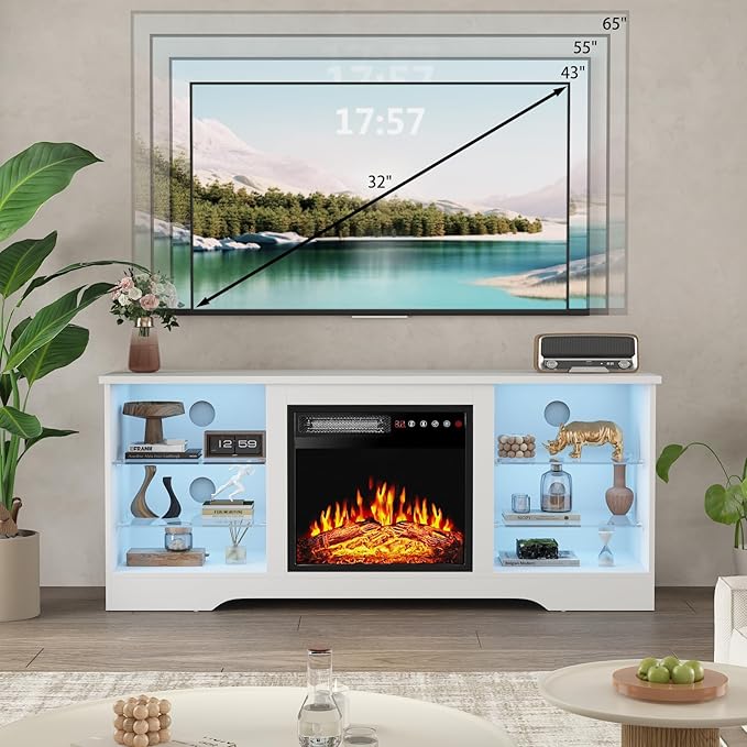 PRETZI Fireplace TV Stand with 18" Fireplace Up to 65" TVs, TV Media Console