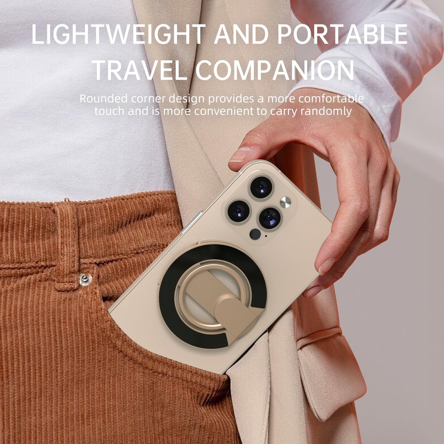RESPECTED BRO-Magnetic-Phone-Ring-Holder with Dual Rings, Compatible with iPhone 17/16/15/14/13/12, Multifunctional Stand for Office, Gym, Kitchen & All Metal Surfaces, Finger Loop Grip (Desert Gold)