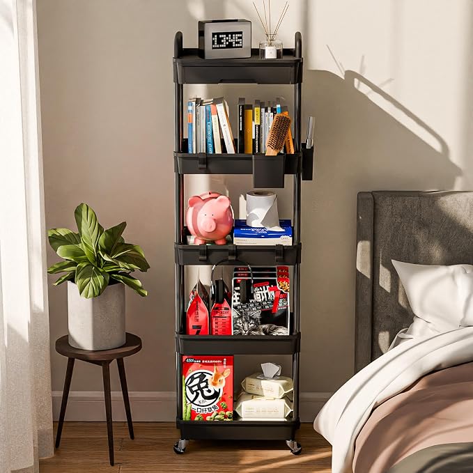 Sorgion 5 Tier Rolling Cart Organizer,Bathroom Cart Organizers with Wheels Laundry Room Organization Mobile Shelving Unit Utility Cart Storage Shelves Multi-Functional for Office, Home(Black)