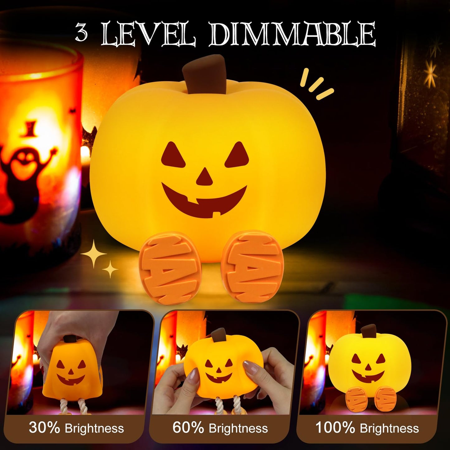 Gefaxi Pumpkin Night Light for Kids Cute Jack O Lantern Halloween Decor Nightlight for Baby Nursery Toddler Squishy Pumpkin Lights Cordless Rechargeable Dimmable Silicone Bedside Lamp Halloween Gifts