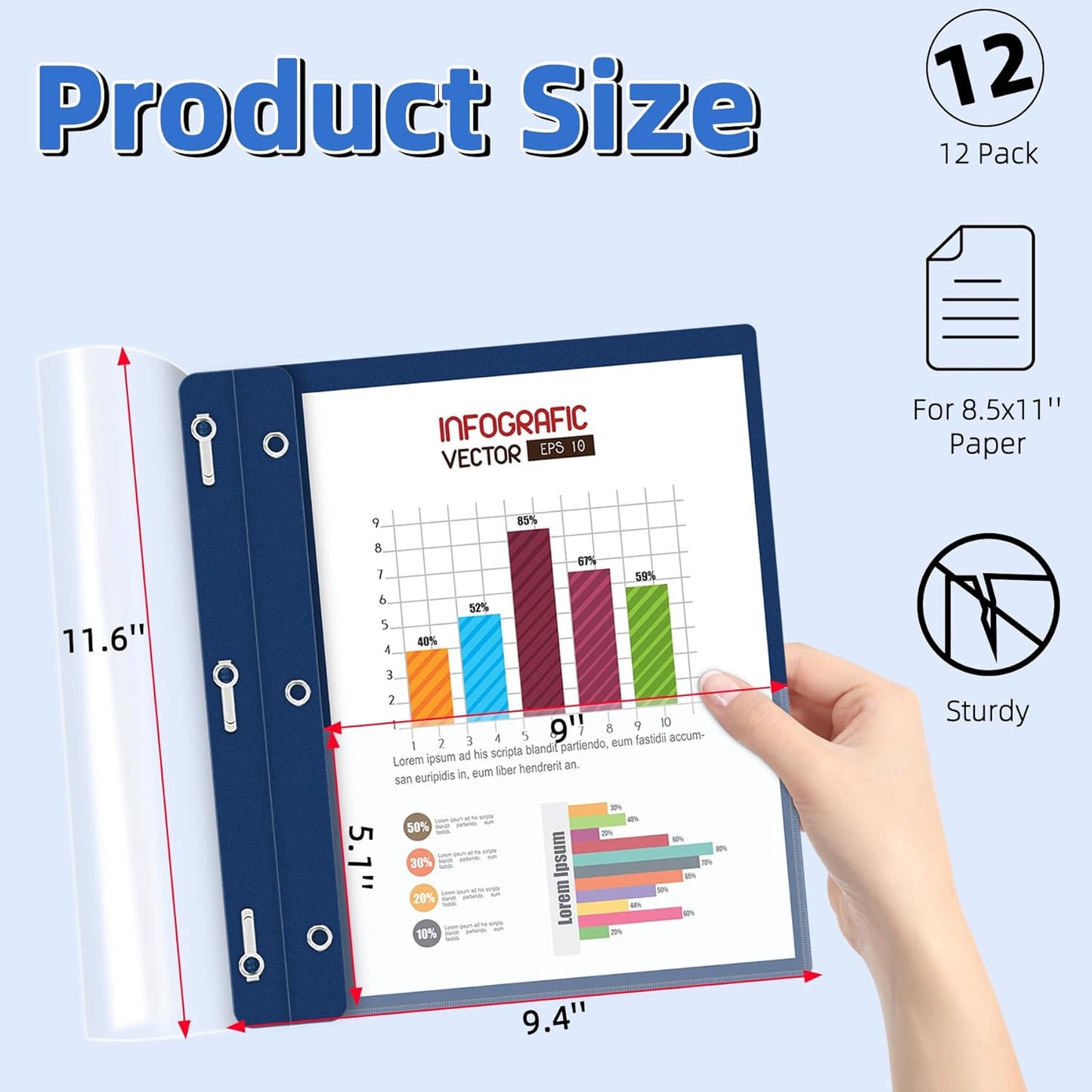 HAUTOCO 12 Pack Plastic Report Covers with 3-Prong Fasteners Clear Front Resume Portfolio Folder for 8.5x11 Letter Size Paper, Presentation Document Report Folders for Office School Use, Navy Blue