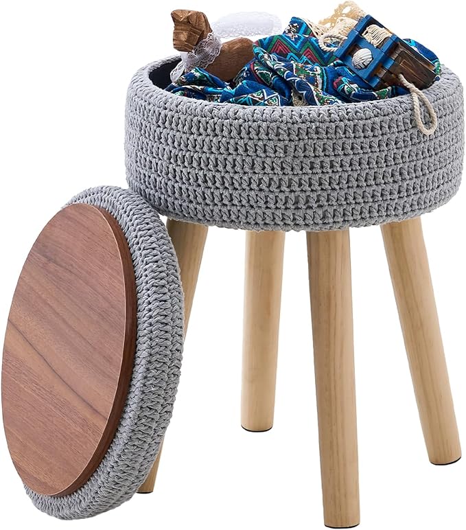 Wimarsbon Pouf Ottoman, 100% Cotton Knitted Boho Footstool, Round Footrest