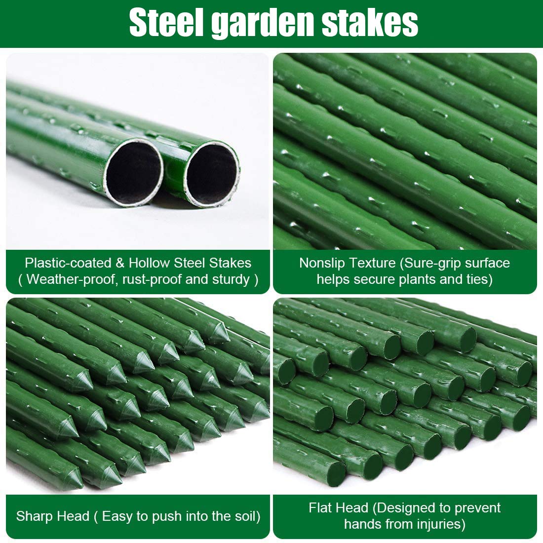 Mininfa Plastic Coated Metal Garden Stakes 57 Inch (Approx 5 FEET), Steel Plant Stakes Supports Climbing for Tomatoes, Trees, Beans, 25 Pack