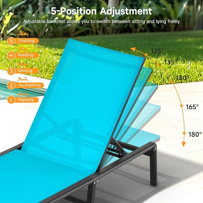 Aluminum Chaise Lounge Chair Outdoor, Foldable & Assembly Free Outdoor Lounge