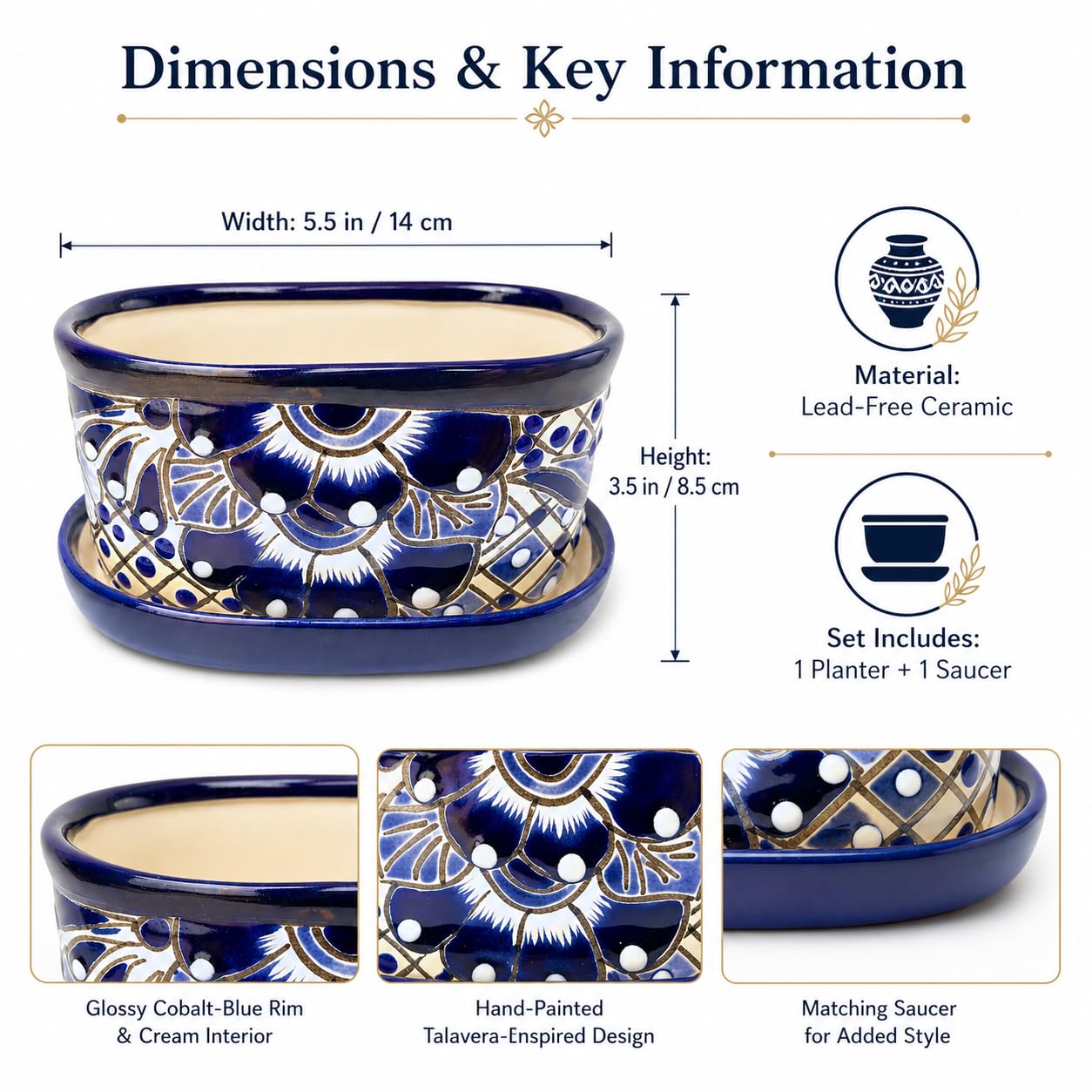 Casa Fiesta Designs Small Ceramic Pot - Flower Planter with Drainage for Cactus Bonsai Succulents Blue and White Ceramic Pot - Desk Size - Maceta Ceramica Maceta Azul Blanco