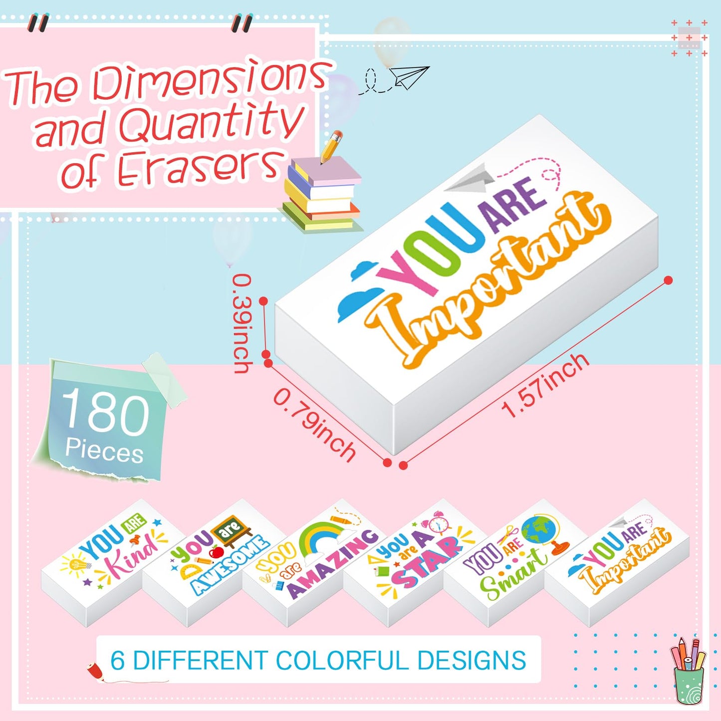 Resurhang 180 Pcs Erasers Bulk for Kids Inspirational Pencil Erasers Bulk for Drawing Motivational Big Eraser School Supplies for Classrooms Back to School Office (Inspirational,White)