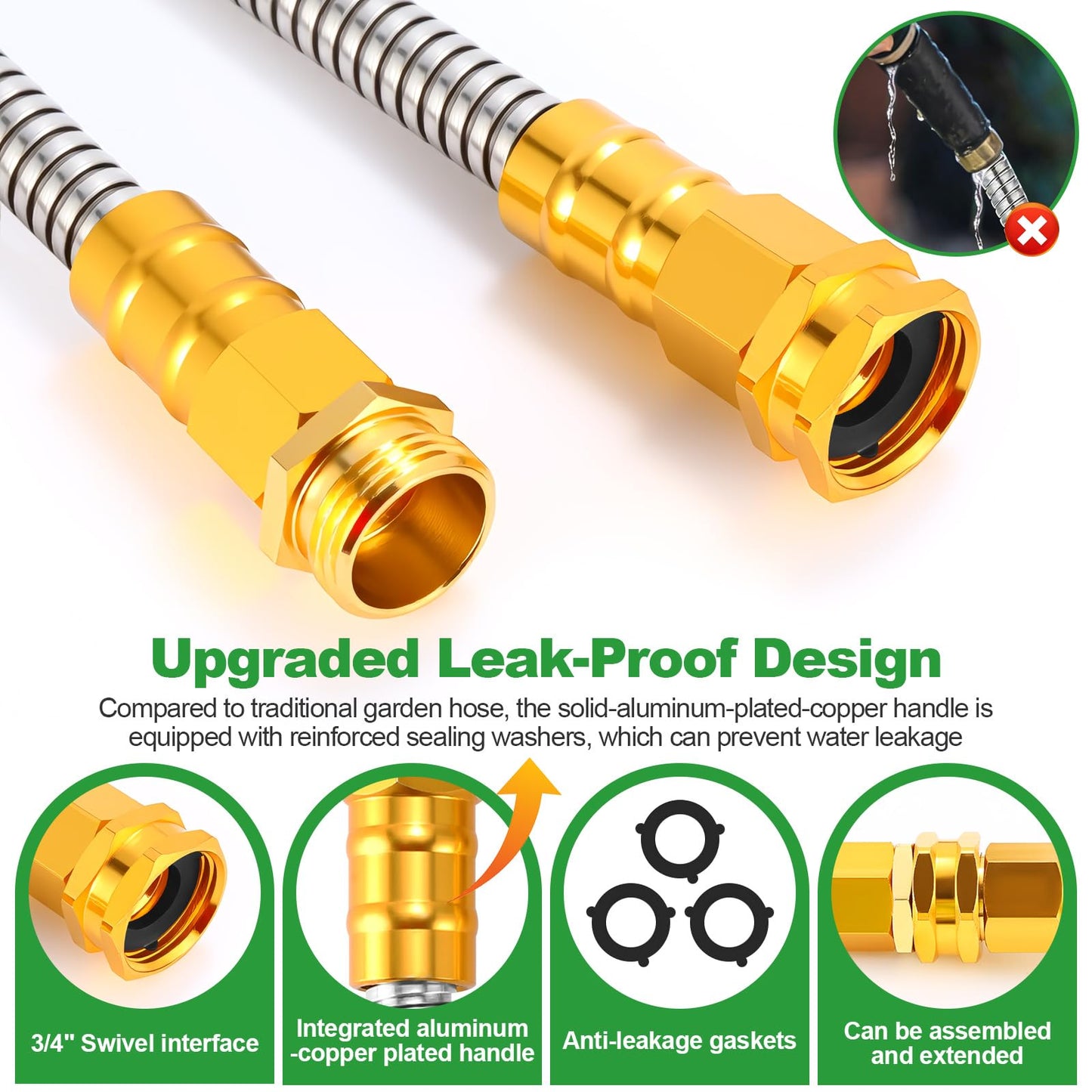 Garden Hose 50FT, Flexible Stainless Steel Metal Water Hose with 10-Function Nozzle, No-Kink, Leak-Proof, Wear-Resistant, 3/4 GHT, Easy to Use and Store for Garden, Yard, Lawn, Outdoor