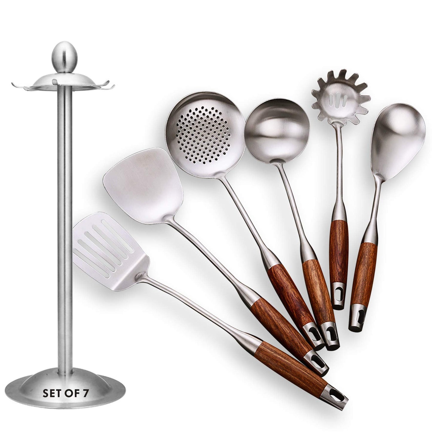 GXONE Cooking Utensils Set,7pcs 304 Stainless Steel Kitchen Utensils Set with Holder,Heat Resistant Wooden Handle Kitchen Tools