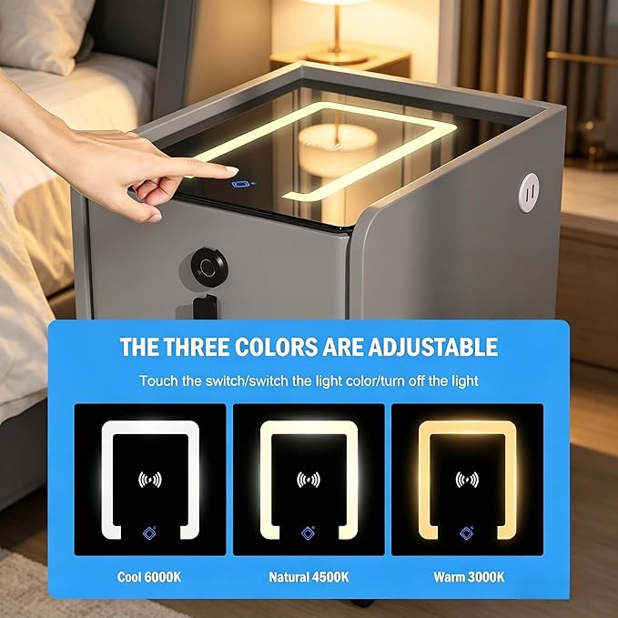 Smart Nightstand with Fingerprint Lock Drawers, Wireless Charging Support