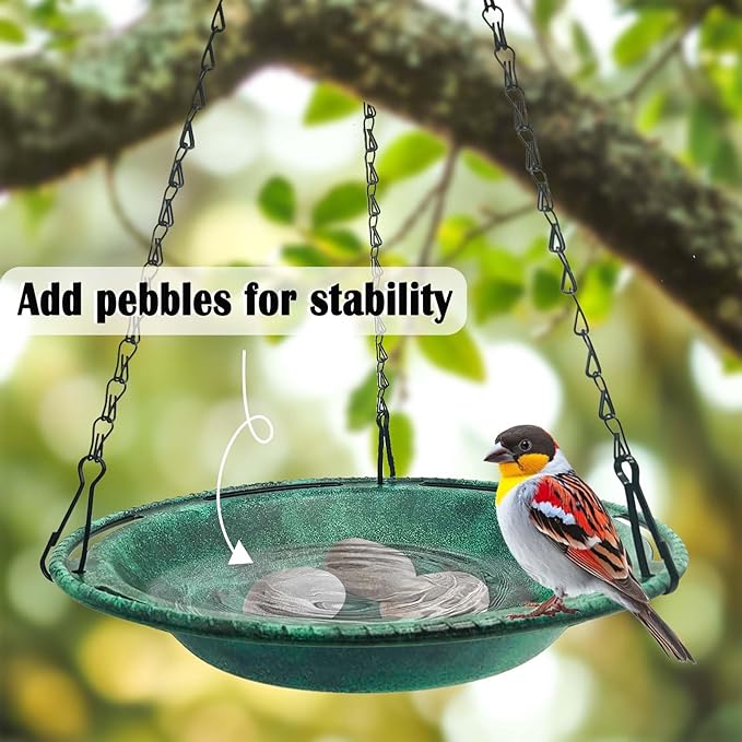 Hanging Bird Bath & Feeder Bowl, 12 in Outdoor Bird Bath with Chains, Durable Weather-Resistant PP, Antique Green, Backyard Garden Decor