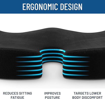 Everlasting Comfort Doctor Recommended Memory Foam Seat Cushion for Office Chairs & Car - Ergonomic Office Desk Accessories - Cushions for Tailbone Pain Relief, Sciatica (Black Upgraded, Large)