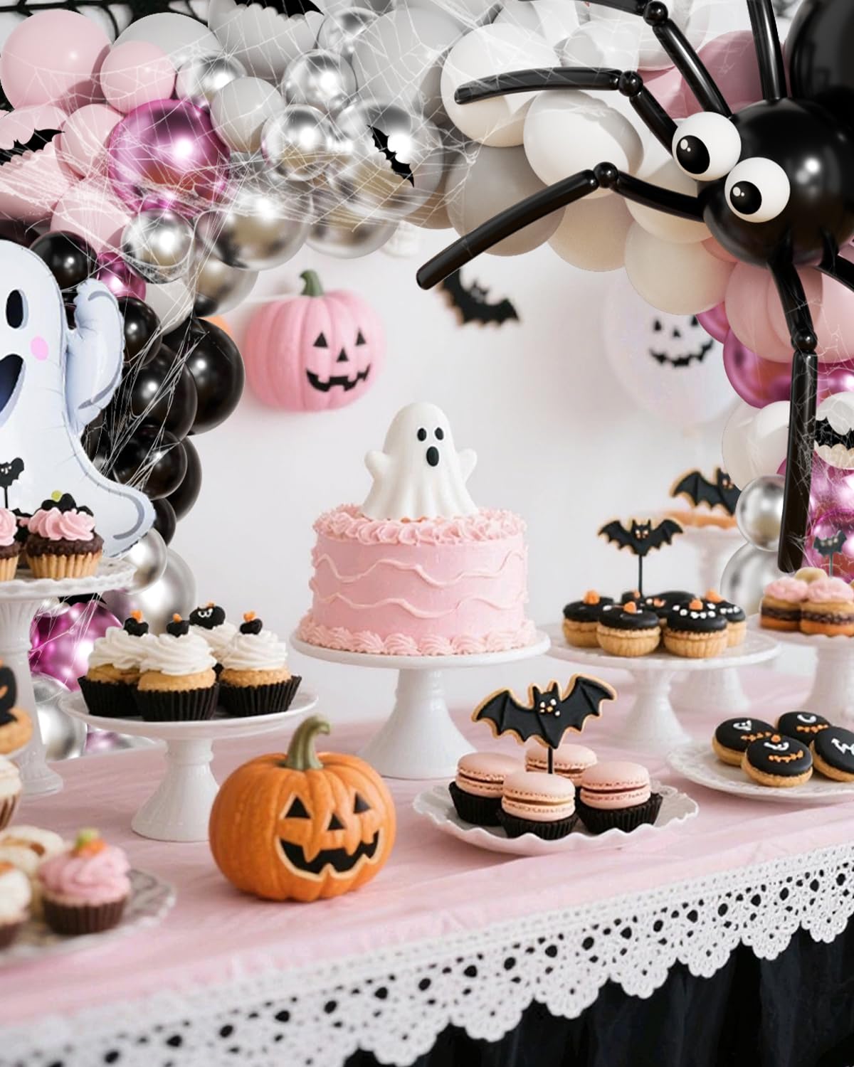 136Pcs Halloween Balloon Garland Arch Kit with Pink White Black Sliver Grey Eyes Balloons, Ghost Foil Balloon, Bats, Spider Web for Halloween Party