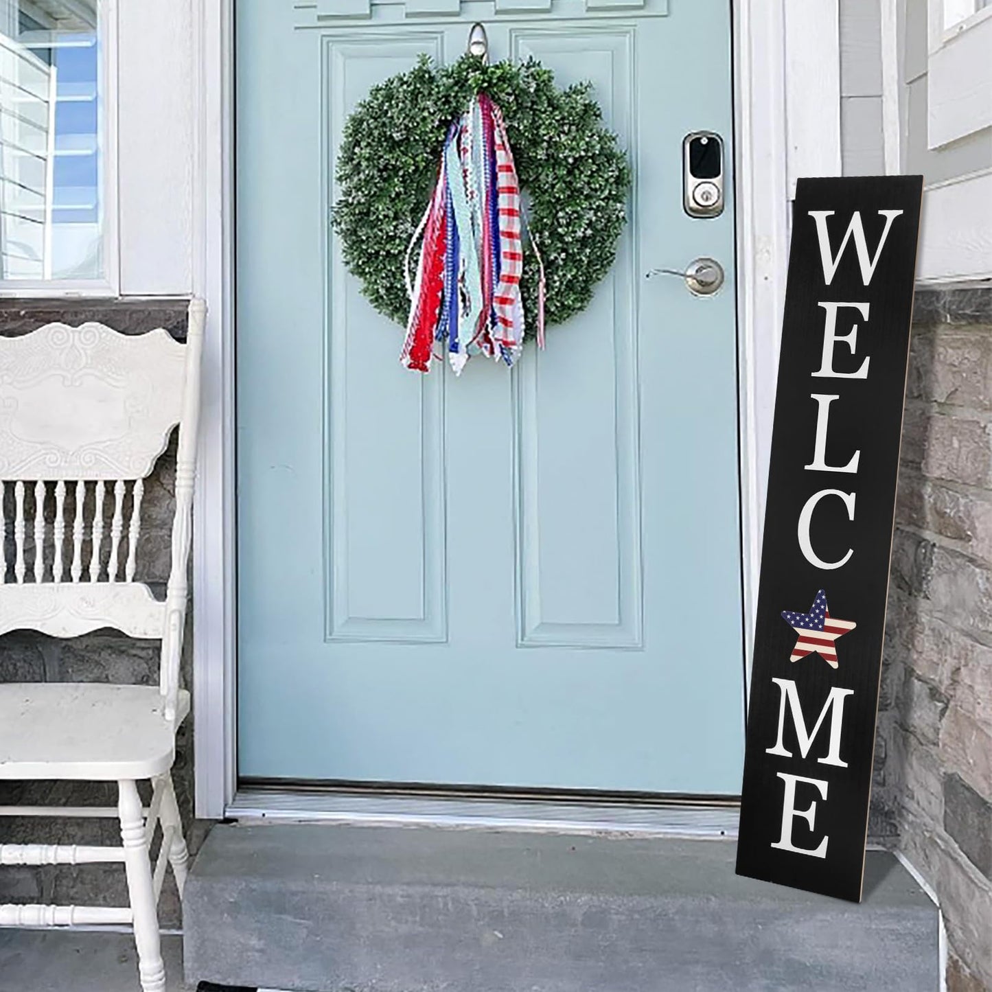 Interchangeable Welcome Sign for Front Porch- 45"X9" Large Standing/Hanging Wooden Sign with 12 PCS Replaceable Icons for 4th of July Fall Halloween Porch Wall Yard Decorations (Black)