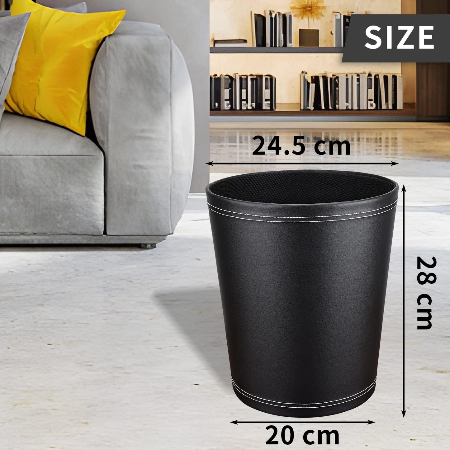 GORESE Pu Leather Trash Can, 2.6 Gallon Black Bathroom Trash Can, Small Office Garbage Can Wastebasket for Bedroom, Kitchen, Round Trash Bin Decorative Under-Sink/Desk/Home Easy to Clean