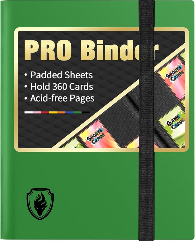Heavy Duty Card Binder, Fabmaker 9 Pocket Trading Card Binder Holds 360 Cards, Sleek Side-Loading Card Album, Sturdy Card Collection Folder for Game Cards, Sport Cards, Green