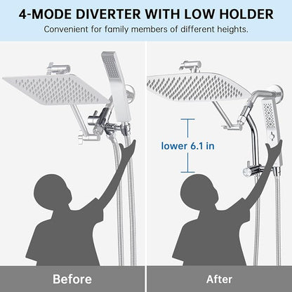 G-Promise All Metal 12 Inch Rain Shower Head with Massage Mode Handheld Spray Combo, 3-Way Diverter with Pause Setting, Full Body Coverage, Modern Bathroom Upgrade (Chrome)