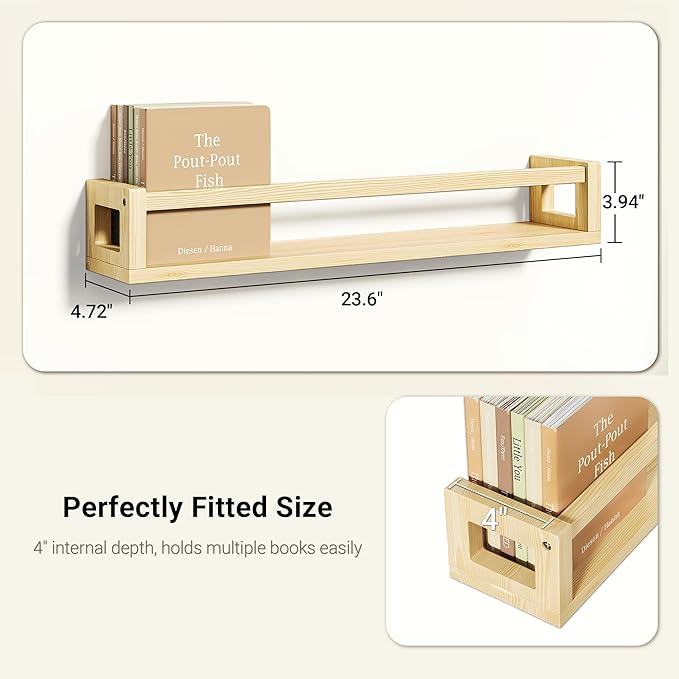 Upgraded Thick Floating Shelves, 24 Inch Solid Wood Bookshelf