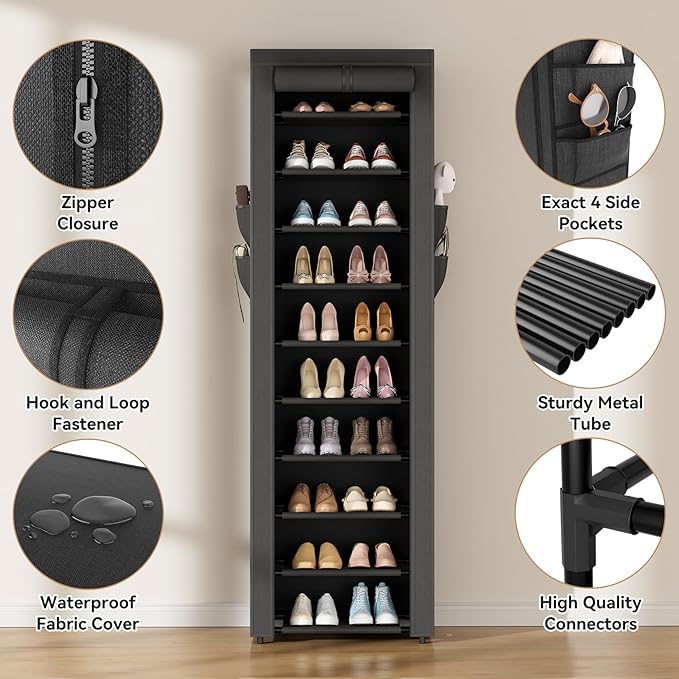 ROJASOP Shoe Rack with Covers 10 Tier Large Shoe Organizer Tall Shoe Closet