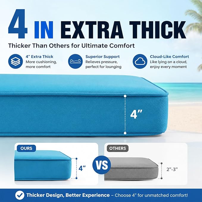 Chaise Lounge Cushion for Outdoor Furniture, Waterproof, Fade-Resistant and