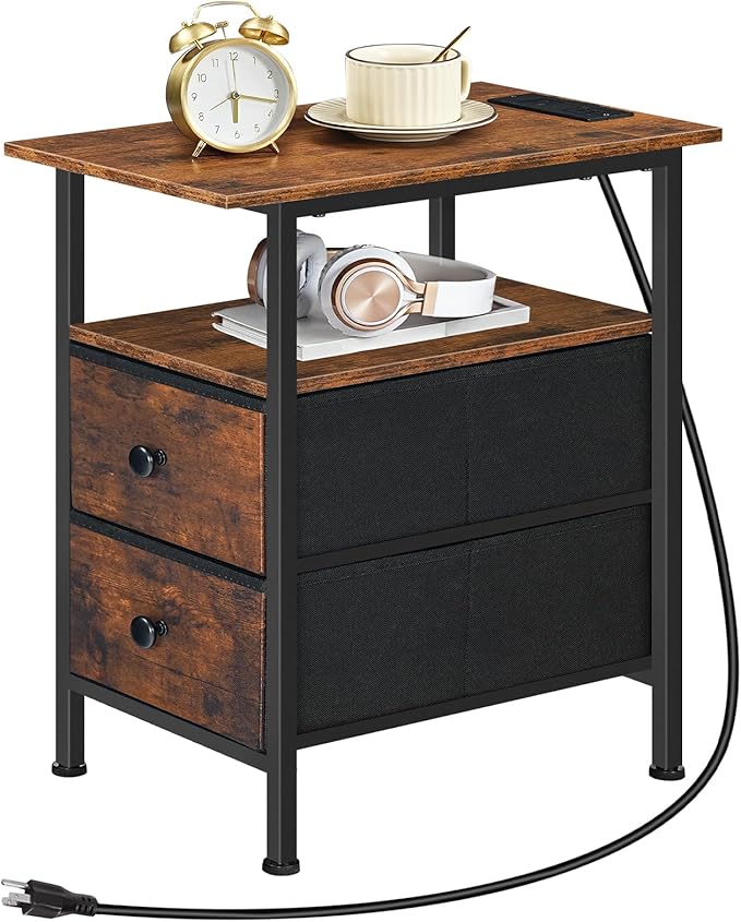 HOOBRO End Table with Charging Station, Narrow Side Table, Nightstand with 2