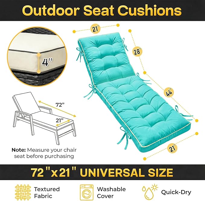 72x21 Inch Folding Chaise Lounge Cushion Quick Dry