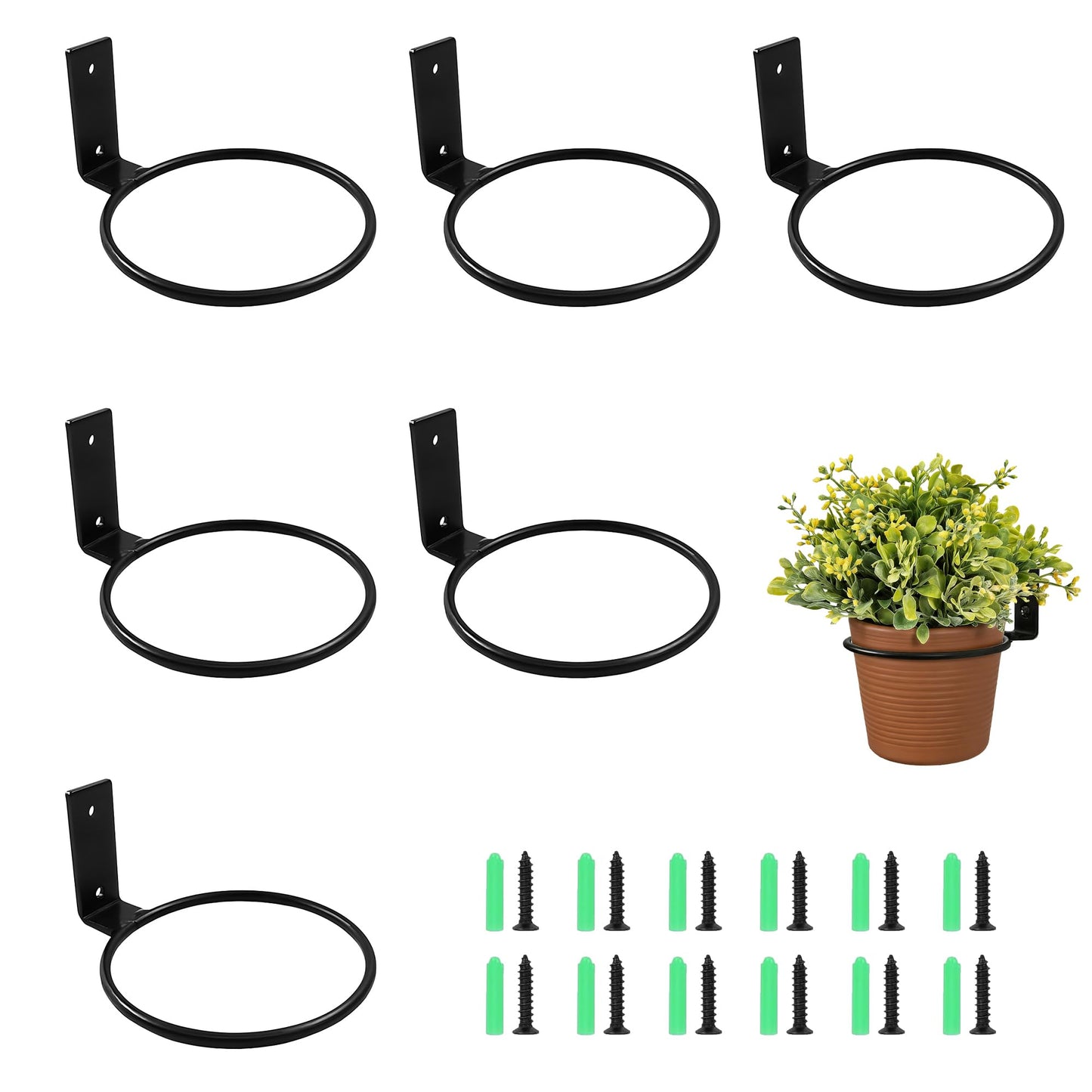 WYIPOLZI 6 Pack 4 Inch Flower Pot Holder Ring Wall Mount, Metal Plant Holder Rings with 12 Screws & 12 Bolts, Potted Planter Brackets for Indoor Outdoor Garden, Patio,Black
