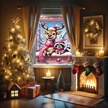 Tomhong Christmas Reindeer and Raccoon Window Banner 31x47 Inch Snowy Scene Holiday Decoration for Indoor Outdoor Home Wall or Window Display Cozy Christmas Decor