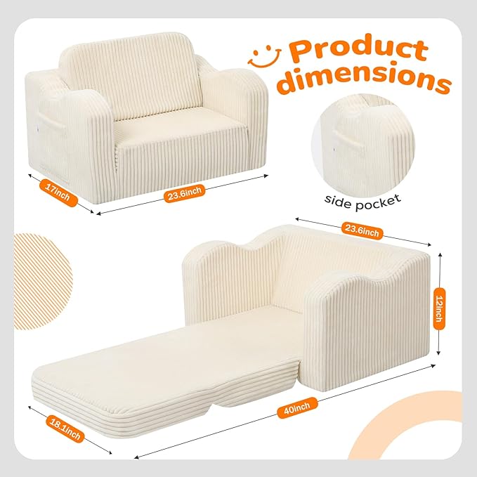 MeMoreCool Toddler Couch Fold Out – 2-in-1 Convertible Kids Sofa Bed