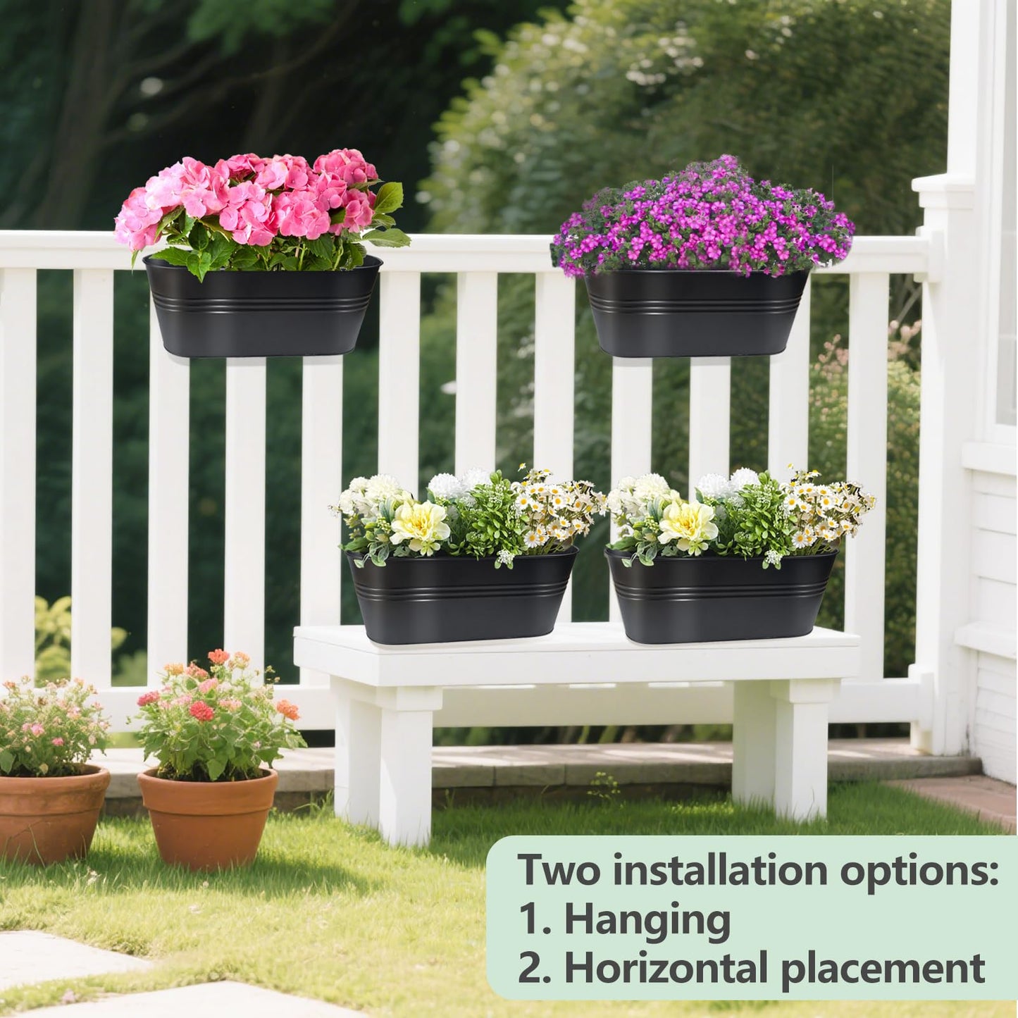 Venyat 16 Inch 4 PCS Metal Hanging Flower Pots for Railing Fence, Large Railing Planters for Outdoor Plants, Fence Hanging Planters with Detachable Hooks for Garden Balcony