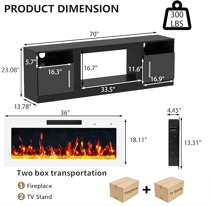 PRETZI Fireplace TV Stand with 36" Fireplace Up to 80" TVs, Remote Control