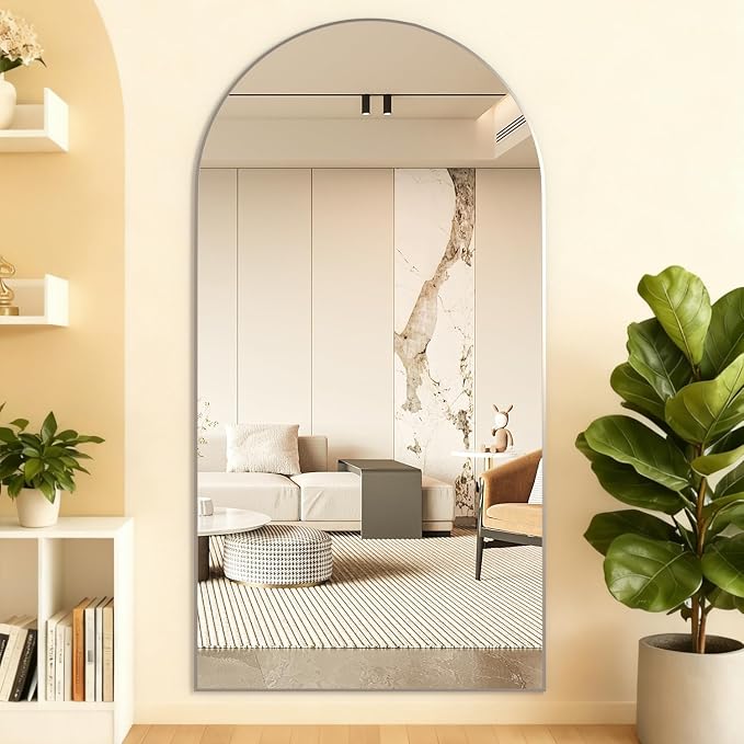 Arched Floor Mirror 198x96 cm Silver Arch Full Length Mirror with Stand Large Wall Full Body Standing Hanging or Leaning Against Wall for Bedroom Entry, Living Room