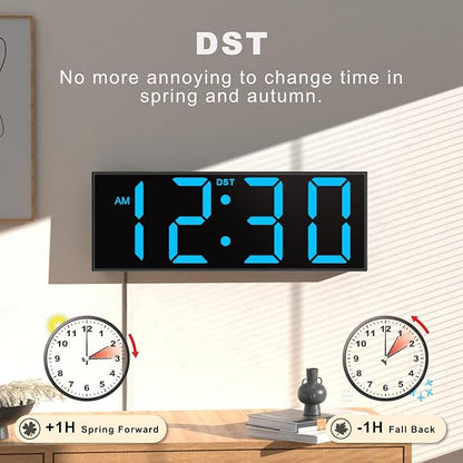 JALL 12" Large Digital Wall Clock, Big LED Number Dispaly, DST, Night Light for Classroom, Living Room, Bedroom, Mounted, Birthday Xmas Gift for Senior, Mem Womem Mom Dad, Blue