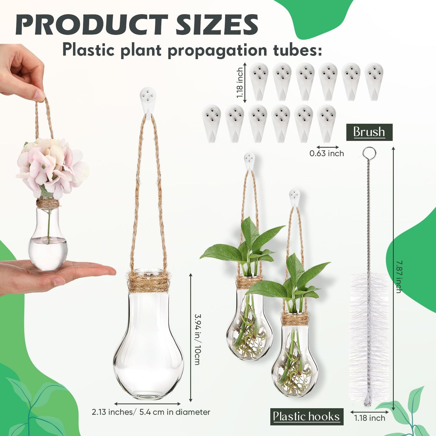 Baderke 12 Pack Hanging Propagation Station 3.9 Inch Plastic Plant Vases with Hooks & Cleaning Brush Clear Window Jars for Plant Clippings, Home Office Decor, Gardening Gifts for Women