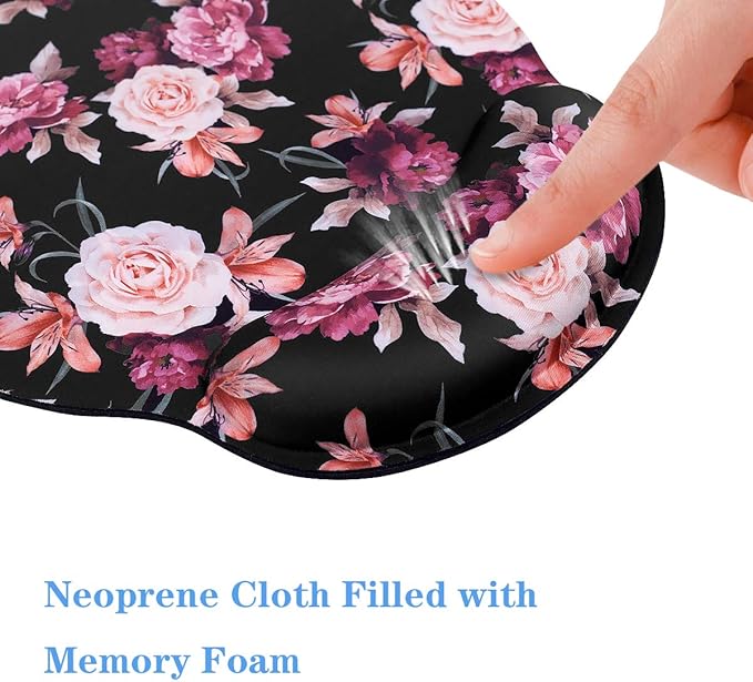 WAVEYU Mouse Pad with Wrist Support, Cute Designed Mouse Mat, Non-Slip Rubber Base Mousepad for Laptop, Computer, Black Flower