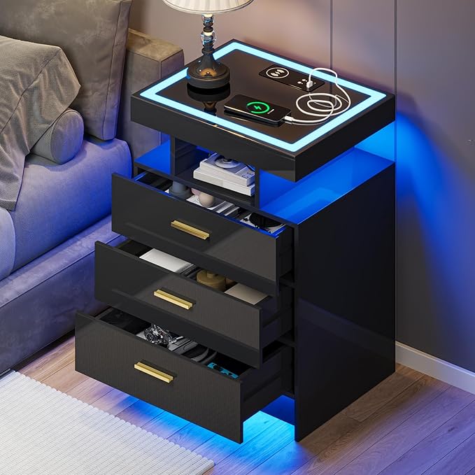 Black Night Stand with Wireless Charging Station, Smart Bedside Table with 3