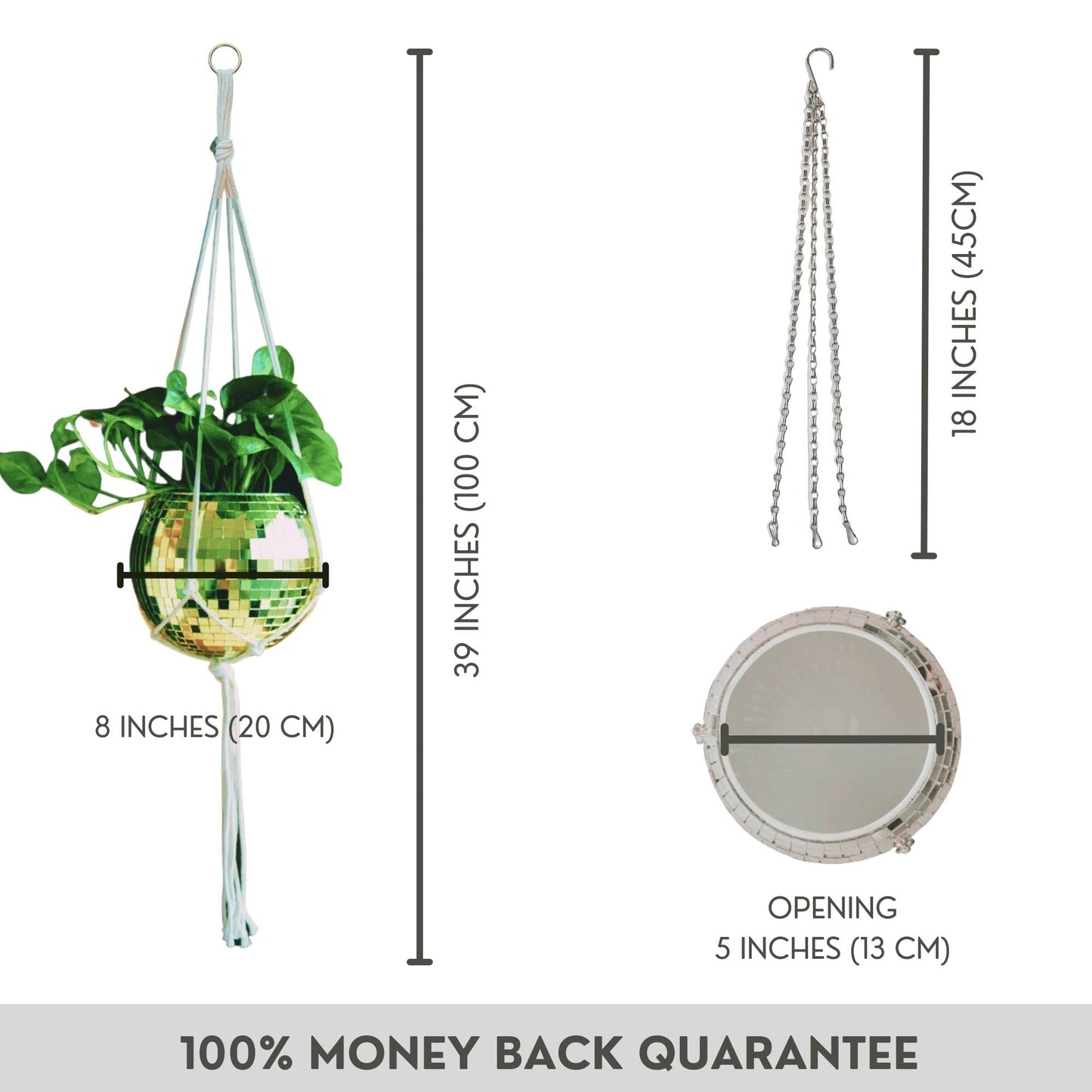 SCANDINORDICA Disco Ball Planter 8" Gold with Chain and Macrame Hanger and Disco Ball Planter Pot 4.3" with Saucer (0.2x0.2 mirror tiles)