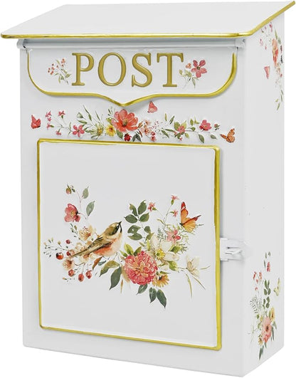 Mailbox Wall Mount Mailboxes for Outside Vintage Mail Boxes for House Outside Metal Drop Box Antique Style Nostalgic Charm Home Decorative, Flower Pattern White