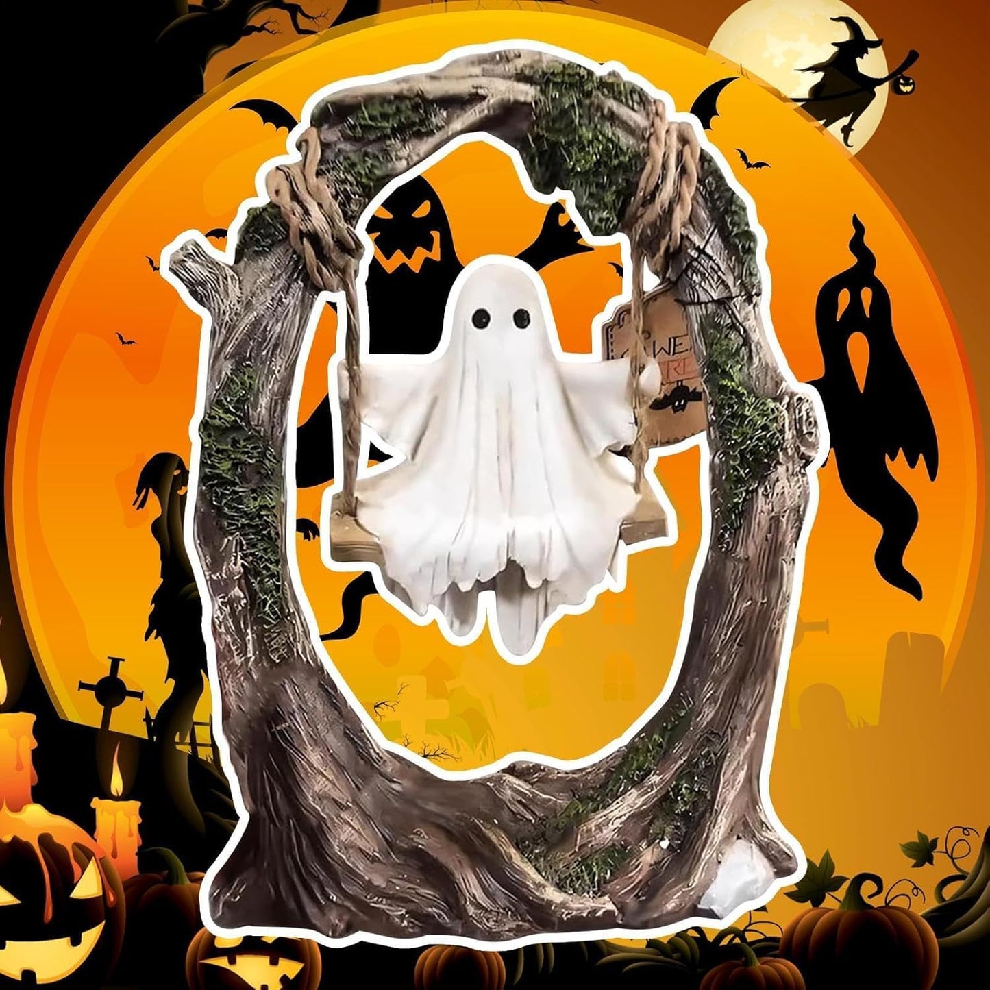 AZYM Ghost Halloween Decor,Ghost on a Tree Swing,Cute Funny Swinging Ghost Halloween Figurine Decoration,for Indoor Desktop Bookshelf Outdoor Garden Patio Lawn Decor