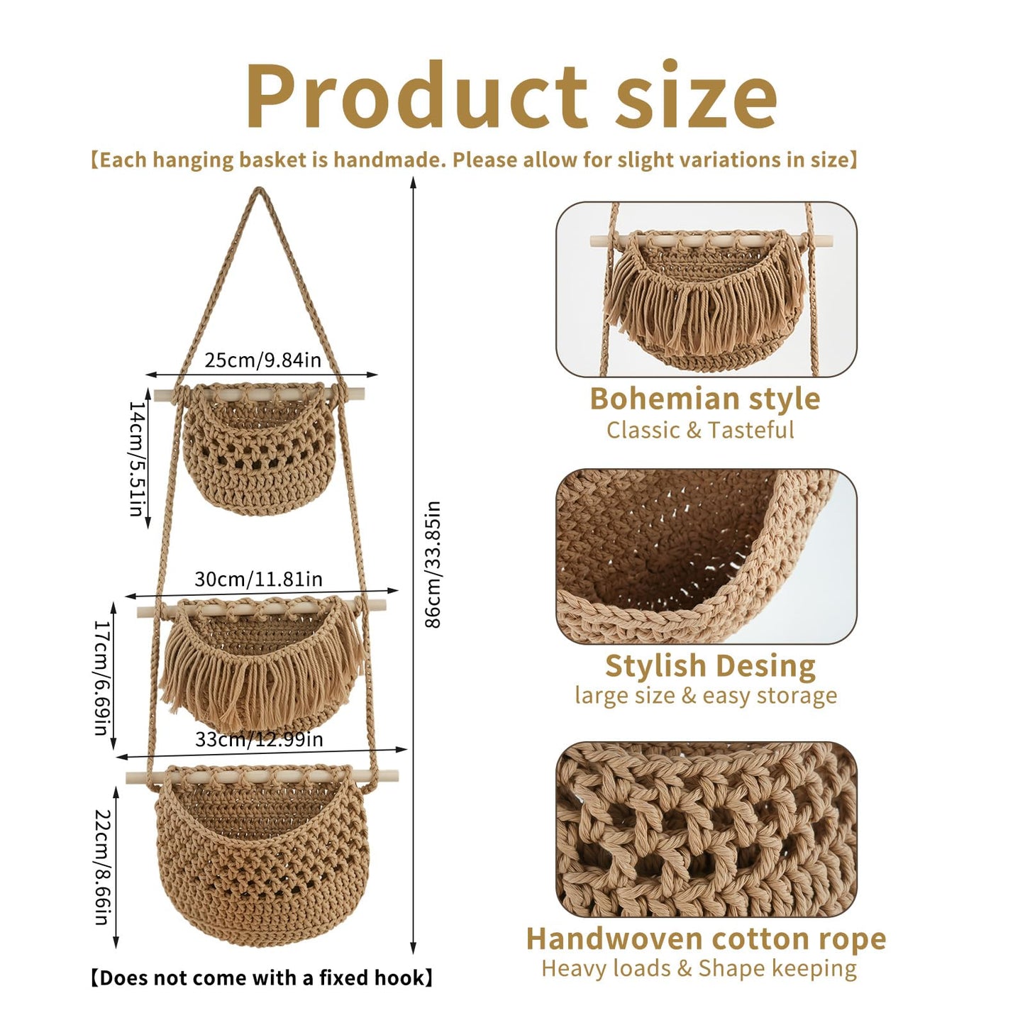 SFSSCDF 3 Tier Hanging Fruit Basket for Kitchen, Macrame Produce Hammock for Potato and Onion Storage, Handwoven Cotton Rope Wall Hanging Vegetable Baskets, Boho Kitchen Decor & Space Saver