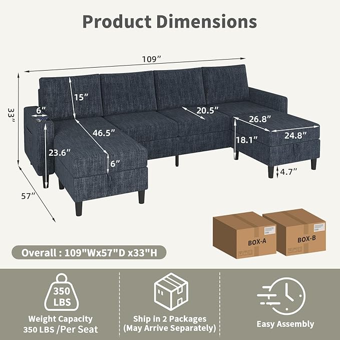 Sectional Couches for Living Room, 6-Seats Soft Linen Fabric Sectional Sofa
