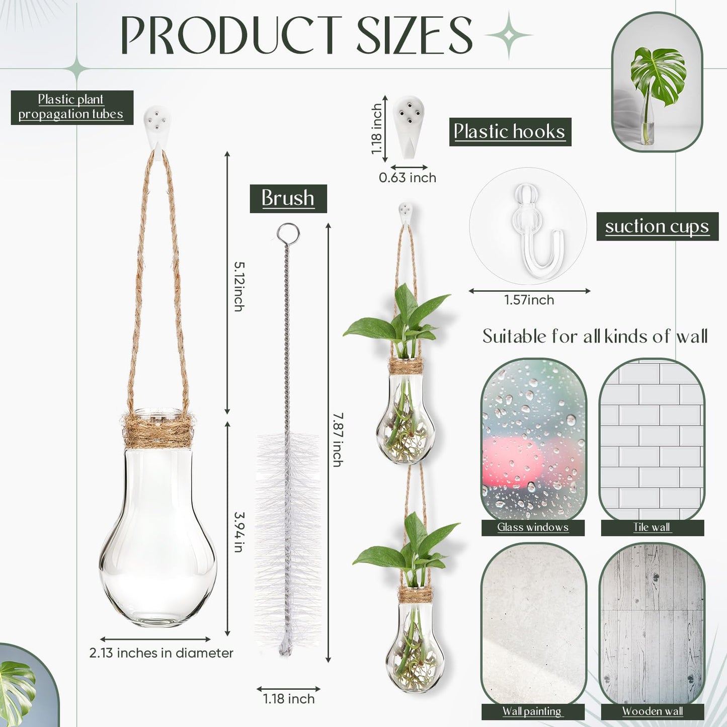 Baderke 18 Sets 3.94" Plastic Window Propagation Stations Hanging Propagation Vases Plant Test Tubes with Suction Cup & Traceless Nail & Brush Clear Wall Jars for Office Home Garden Decor Lover Gift