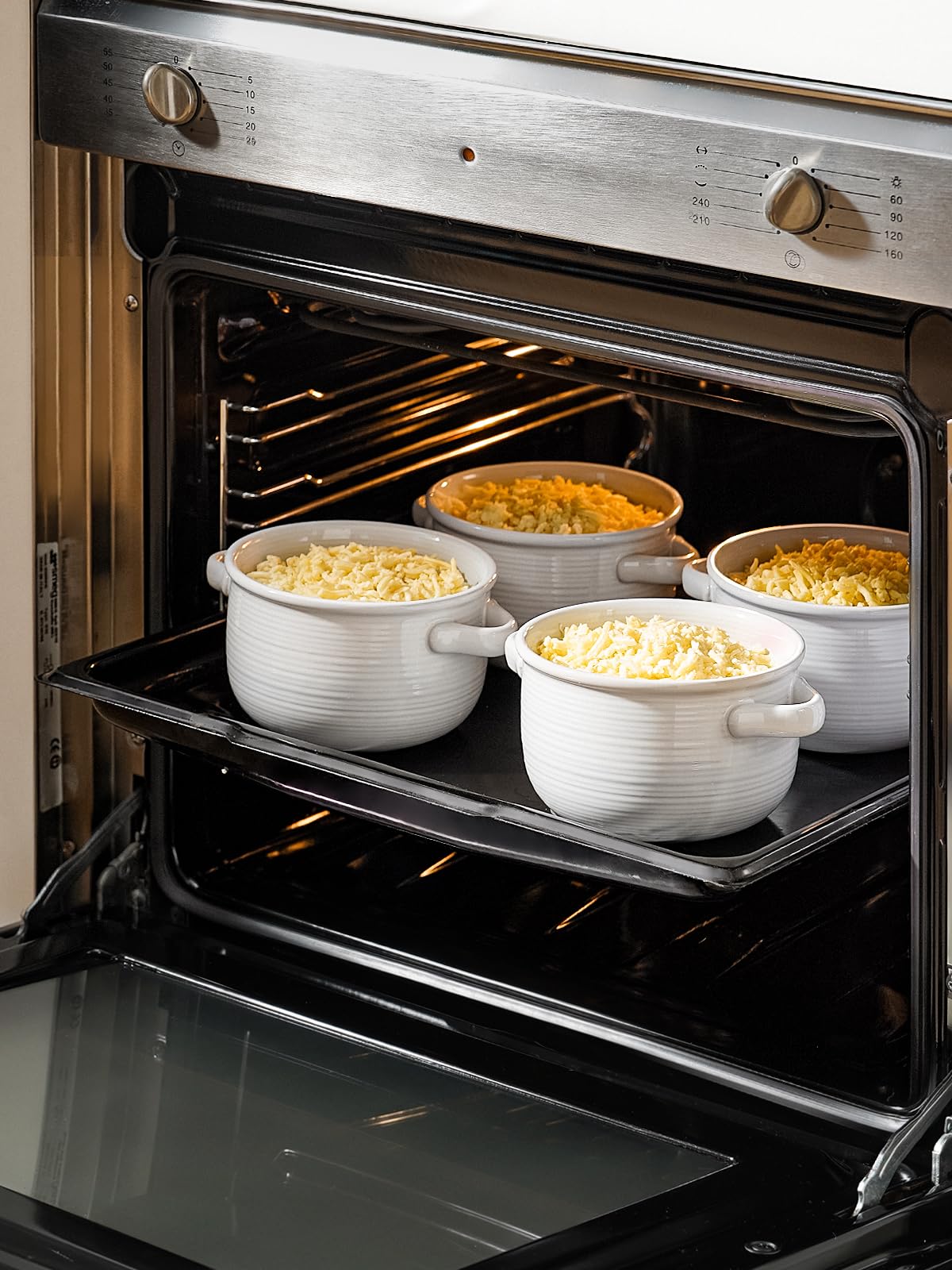 LE TAUCI Soup Bowls with Handles - 28 oz Lead-Free Ceramic French Onion Crocks, Oven and Microwave Safe, Heat-Resistant Design, Stackable, Dishwasher Safe, Set of 4, White