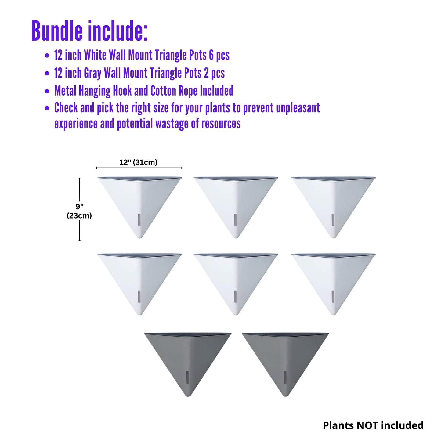 LaLaGreen Bundle - 12" x 6 Pack White + 12" x 2 Pack Gray Large Self Watering Geometric Hanging Flower Vase Vessel with Metal Hanger, Modern Stylish Wall Mounted Succulent Pot Holder Decor