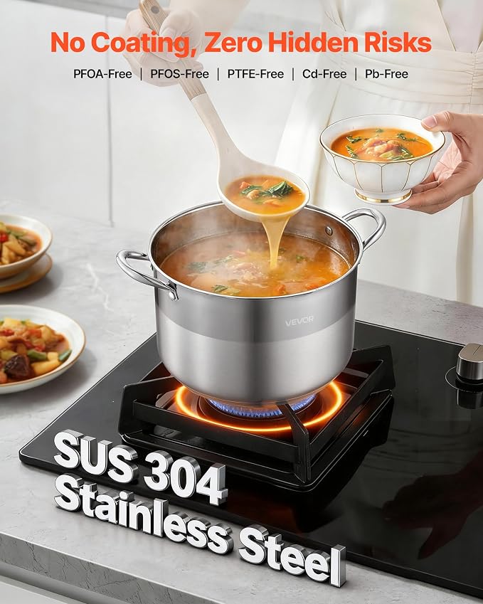 VEVOR Stainless Steel Stock Pot, 12QT Stainless Steel Stockpot with Glass Lid, PFOA-Free, PFAS-Free, Compatible with Gas Stoves, Induction Cooktops, Electric Stoves, for Soups, Stews, and Pasta
