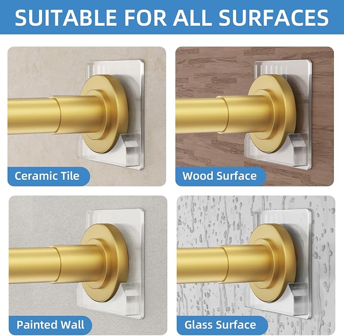 CorkLatta Gold Shower Curtain Rod,1 Inch Diameter Stainless Steel Adjustable Spring Tension Rods 32 to 92",with Holders,Anti-Slip,Curtain Rods No Drilling(1 Pack)