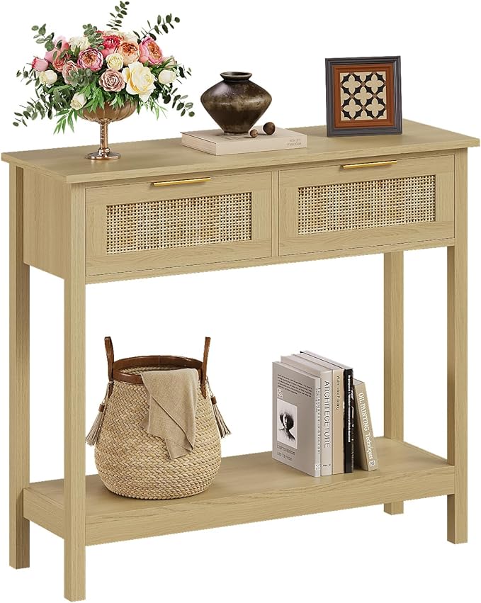 Trironsun Farmhouse Rattan Console Table