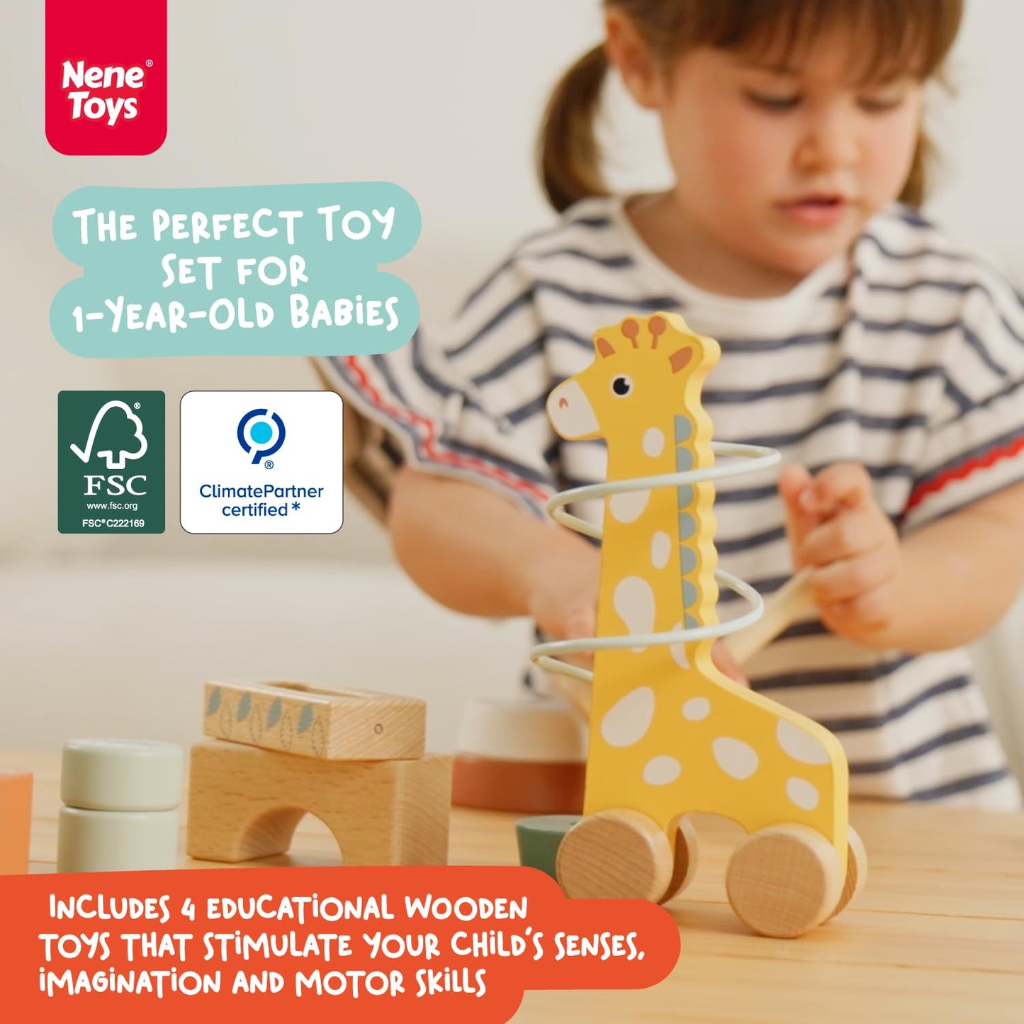 Nene Toys Montessori Toys for 1 Year Old – 4-in-1 Wooden Sensory Toy Set with Stacking Rings, Rainmaker, Giraffe Bead Maze & Activity Blocks – Educational Gift for Toddlers, Boys & Girls Age 1+