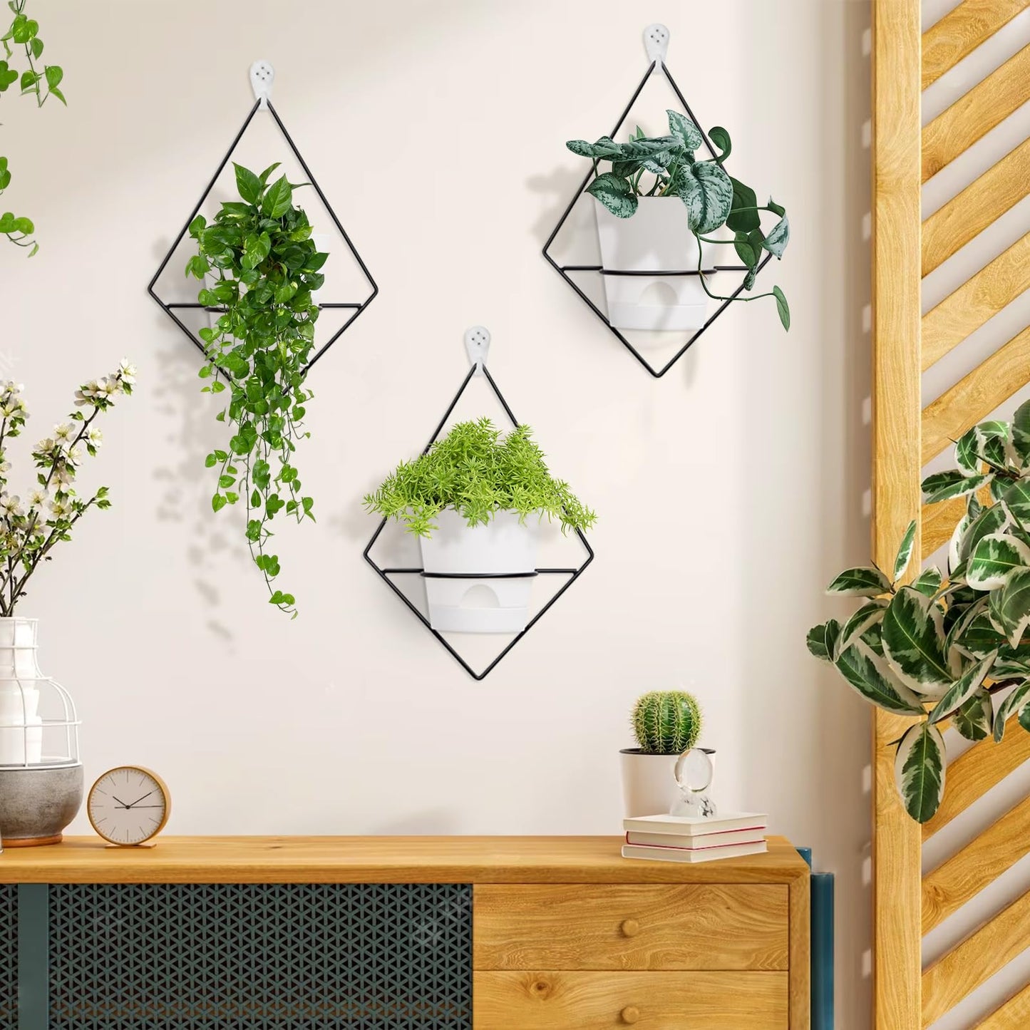 Koalaime 3 Sets Wall Planters for Indoor Plants Geometric Hanging Planters for Indoor Plants - Self-Watering Flower Pots with Black Metal Holder, Mounted Succulent Planter, 5" Black Plant Pot