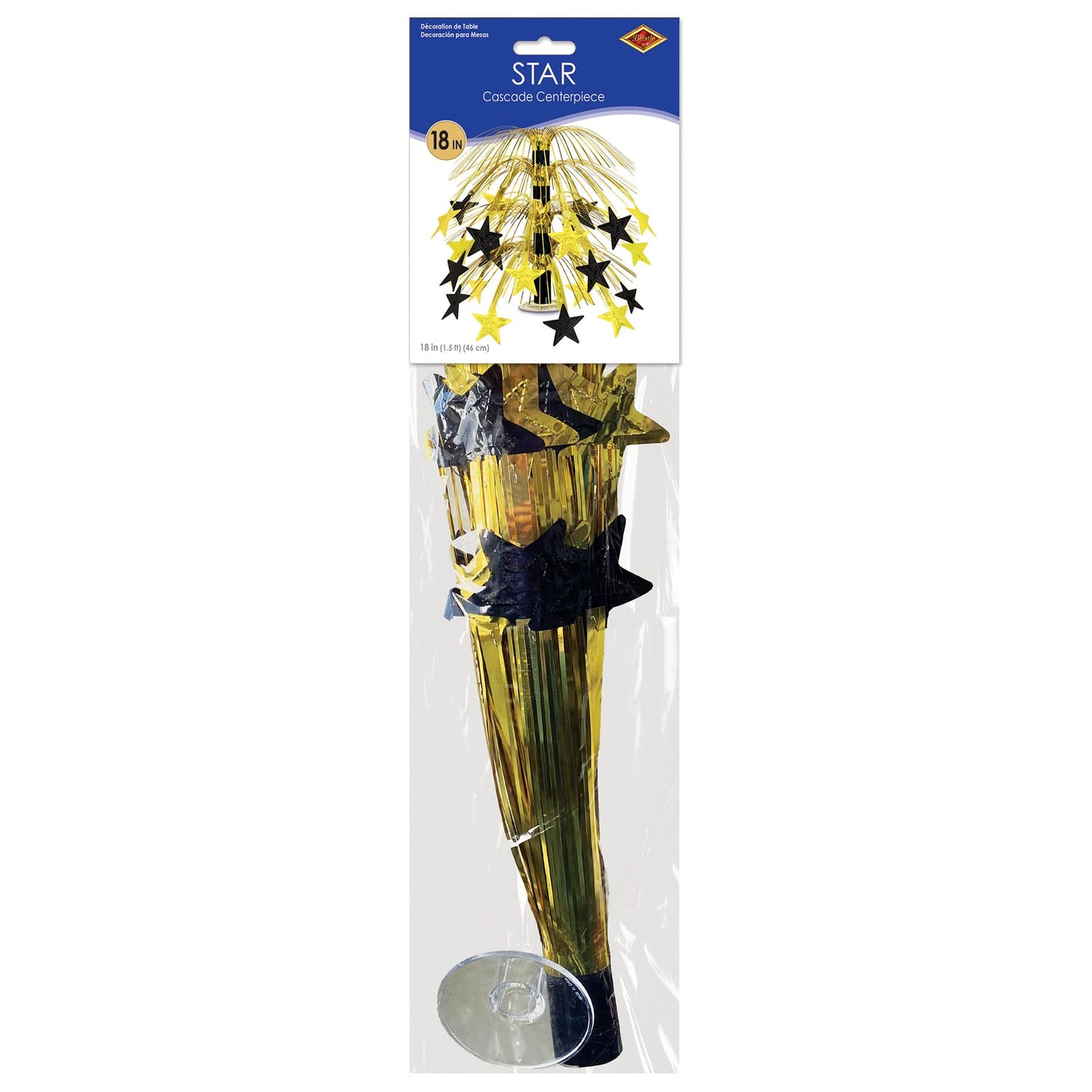 Beistle Star Cascade Centerpiece – Metallic Gold and Black Fringe Table Decoration with Hanging Cord, Clear Base, New Year’s Eve Décor, Graduation Celebration, Awards Night VIP Party Accent, 18"